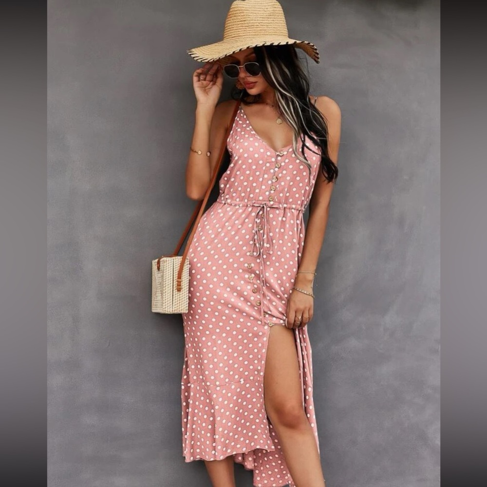 Boho polka dots print button detail drawstring waist cami dress - Picture 2 of 16